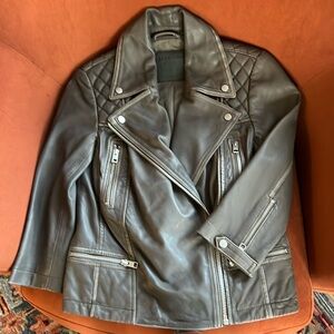 All Saints Vintage Wash Gray Leather Moto Jacket 3/4 Sleeves Size US 2 UK 6